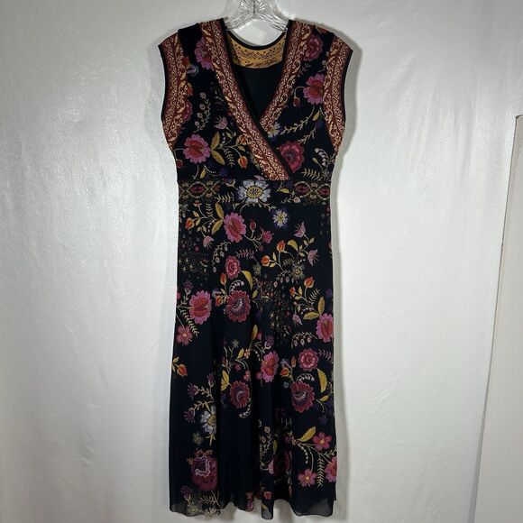 Fuzzi Floral Print Black Multicolored Surplice Midi Dress Sz XL Feminine Y2K - Picture 4 of 16